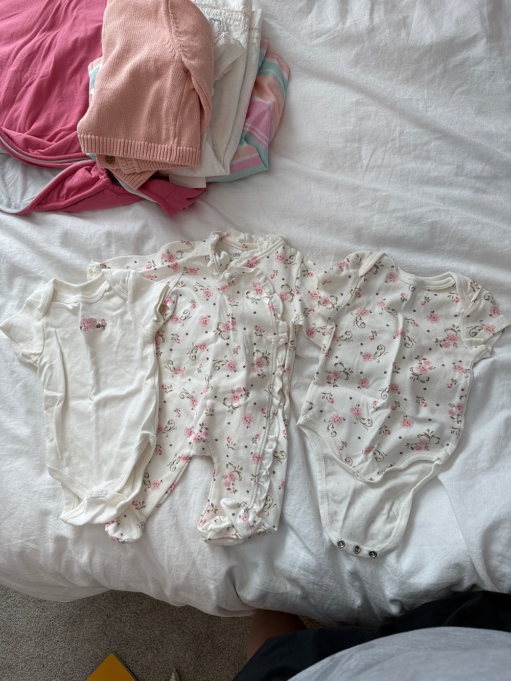 Little Me Cream Floral Ruffled Baby Onesie - Pink Rose Print
